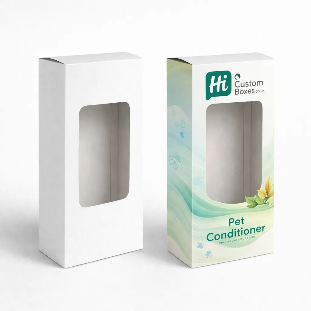 Two vertical product boxes with die-cut windows, one plain white and one with aquatic-themed branding.